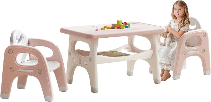 Kids Table and Chairs Set, Activity Table with 2 Chairs for Ages 3-6, Toddler Table and Chair Set Ideal for Reading, Drawing, Dining, Arts Crafts,Gifts for Kids Pink