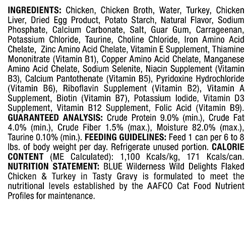 Image of Blue Buffalo Wilderness Wild Delights High Protein Grain Free, Natural Adult Flaked Wet Cat Food, Chicken & Turkey 3-oz cans (Pack of 24)