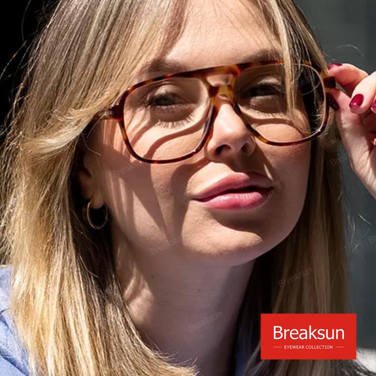 Breaksun Oversized Square Aviator Glasses for Women Men Big Frame Retro Blue Light Blocking Glasses Vintage Style (Tortoise/Clear)