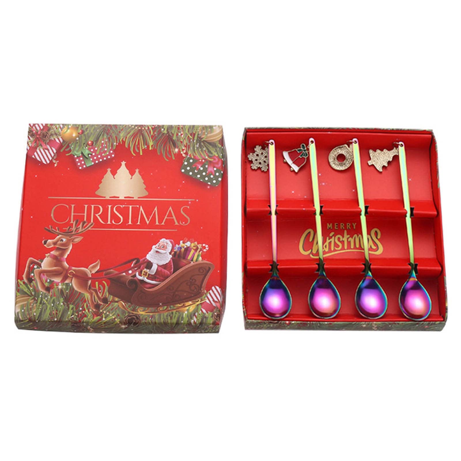 MALSSE 4 Pack Stainless Steel Tableware Coffee Spoon Christmas Themed Dessert Spoons Ice Cream Coffee Spoons 4 Colors to Choose Stainless Steel Dessert Set