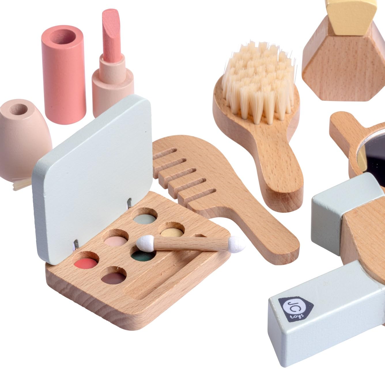 JC TOYS - Set di trucco per bambini, 10 pezzi, set di legno, accessori per il trucco per le ragazze, giochi di simulazione, include borsa per riporre, ideale come regalo, + 3 anni