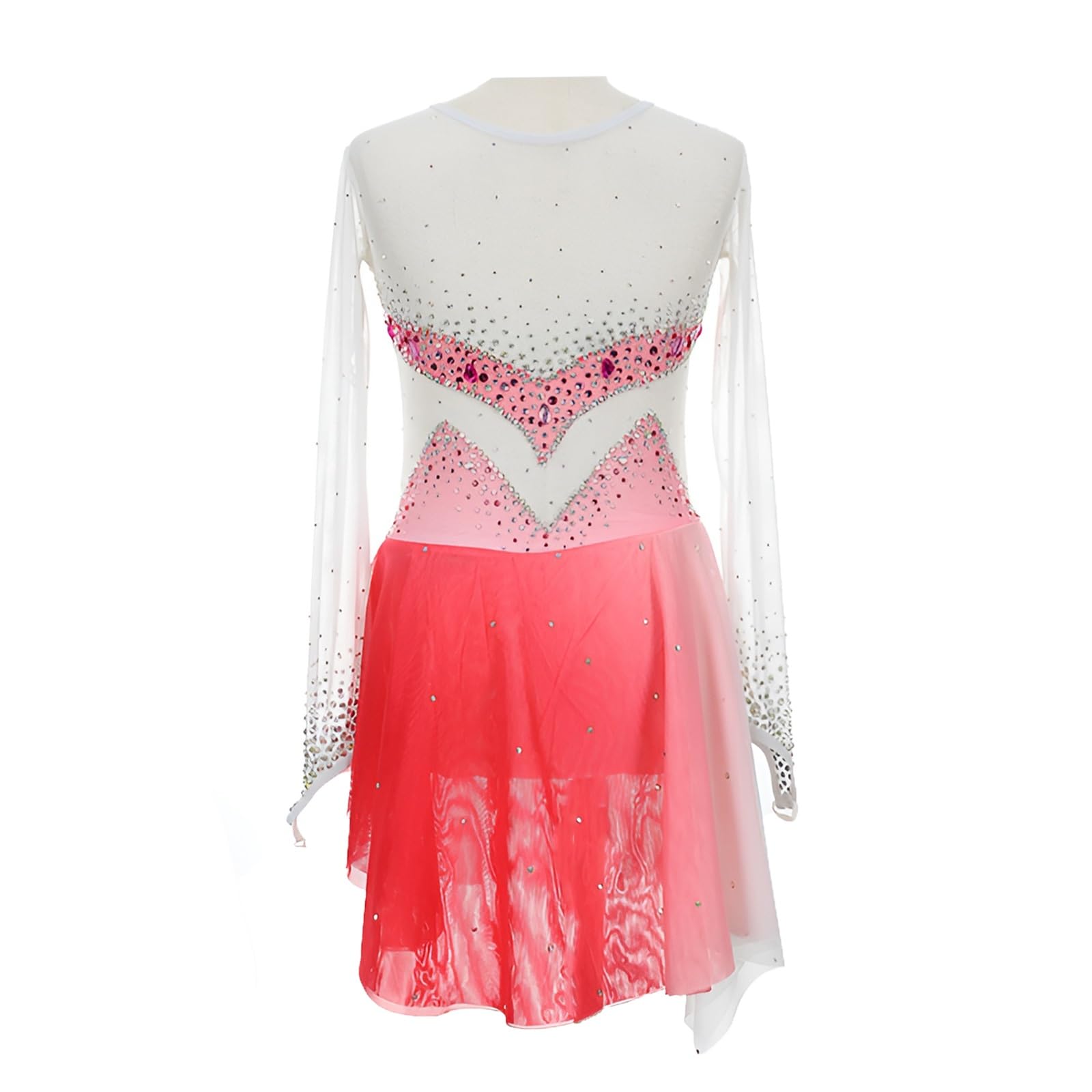 Ladies and Girls Competition Figure Skating Dress, Handcrafted Long Sleeve Ice Skating Dress with Rhinestones(4X-Large) Pink