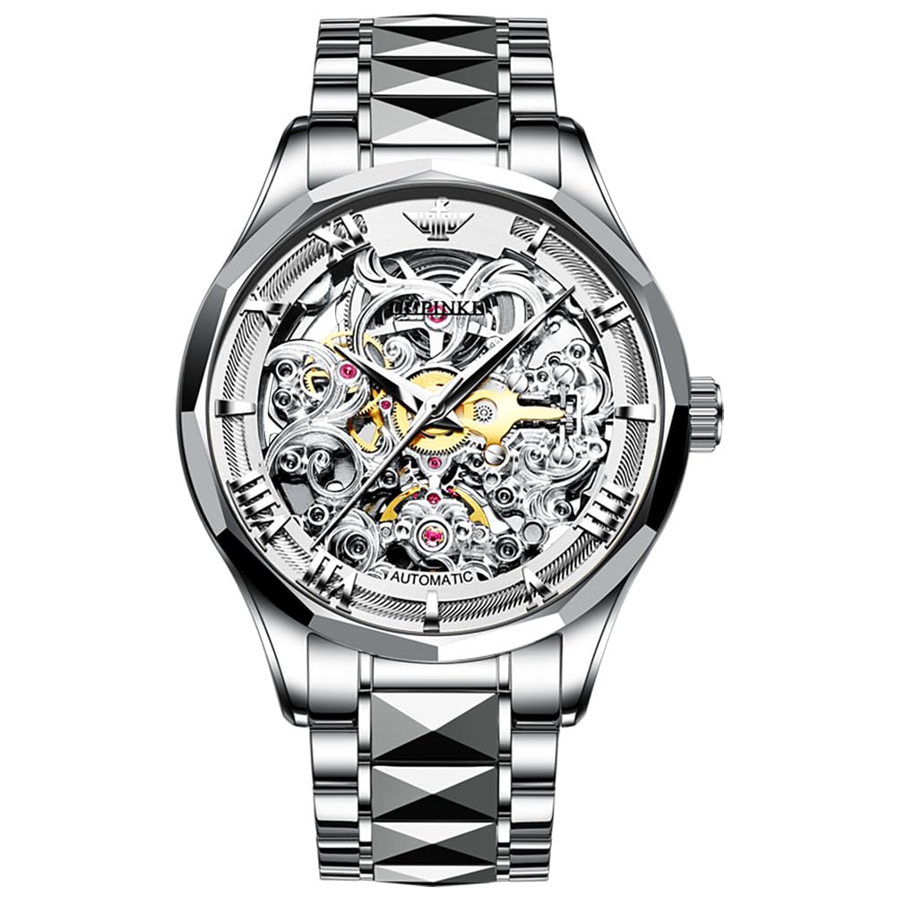 OUPINKE Reloj automático para hombre, diseño de esqueleto, de lujo, mecánico, impermeable, luminoso, acero inoxidable, espejo de cristal de zafiro