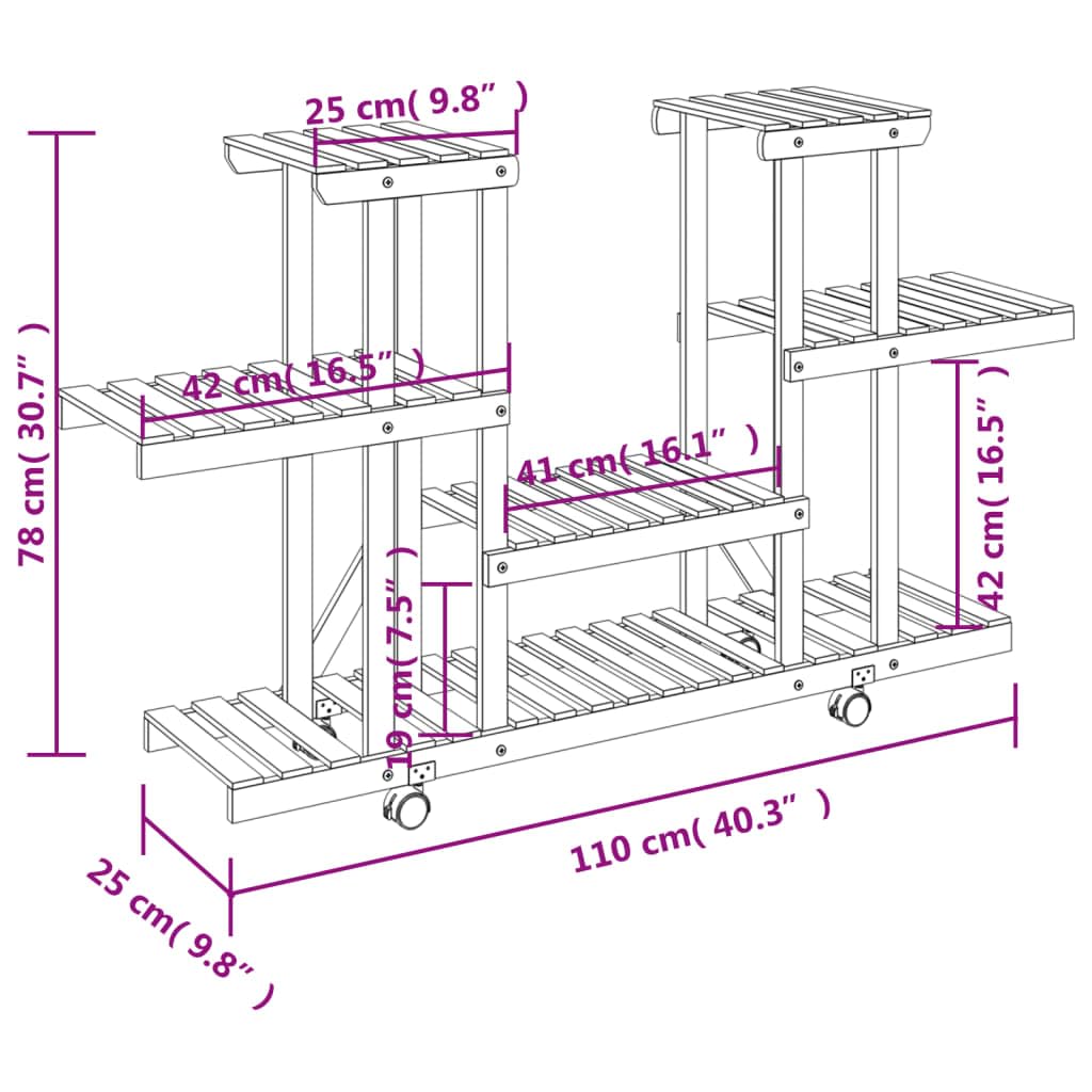 SYDE Supporto per fiori con ruote, in legno di abete, 110 x 25 x 78 cm | Carbonizzato artigianale, resistente all'umidità, ruote a 360 gradi, scaffale per piante e decorazione