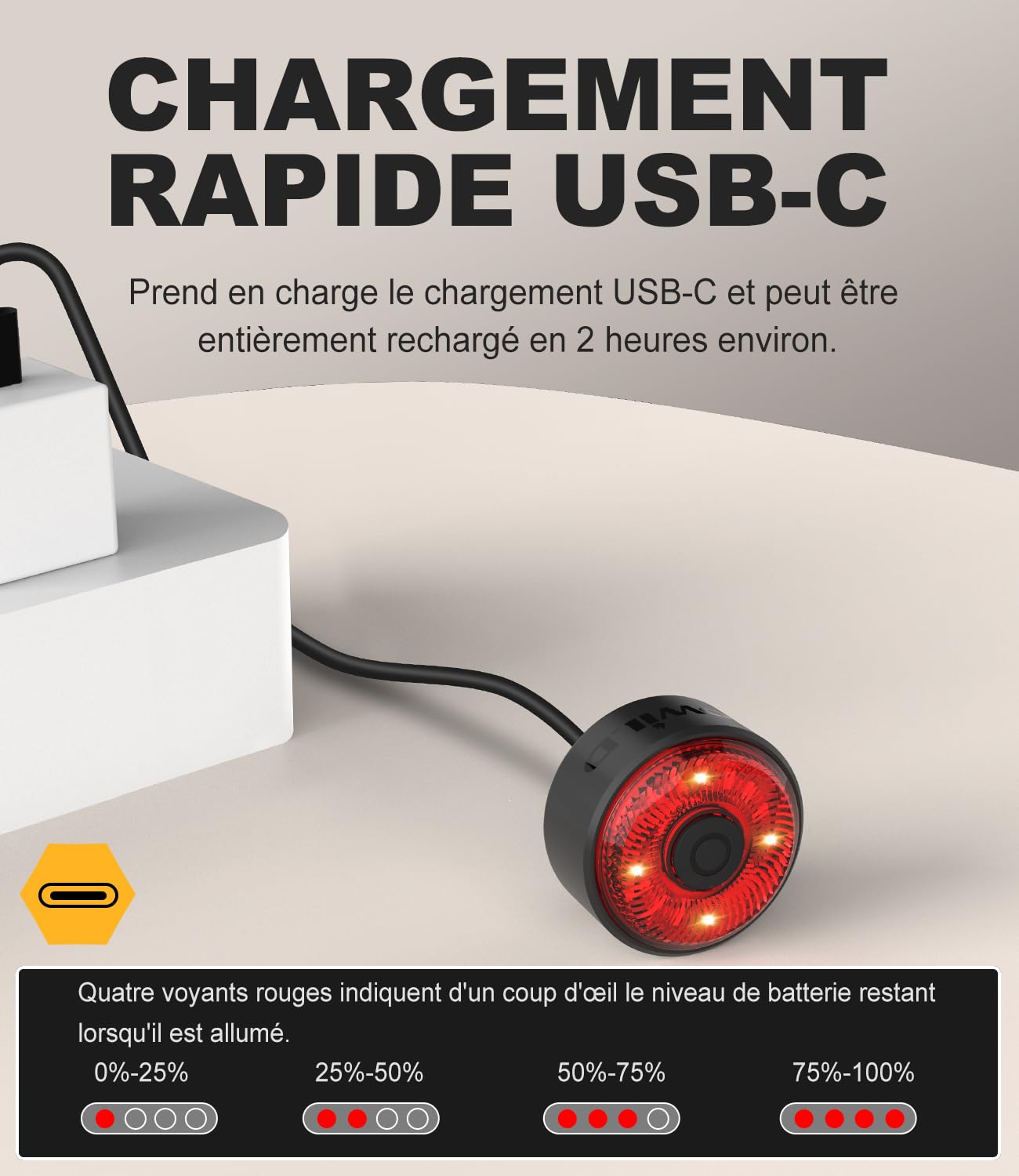 towild TL03 Feu Arriere Velo,Lampe Arriere Velo avec Détection de Freinage,Lumière de Vélo Jusqu'à 36 Heures d'autonomie Rechargeable USB-C, 5 Modes d'éclairage Éclairage Arrière étanches IPX6