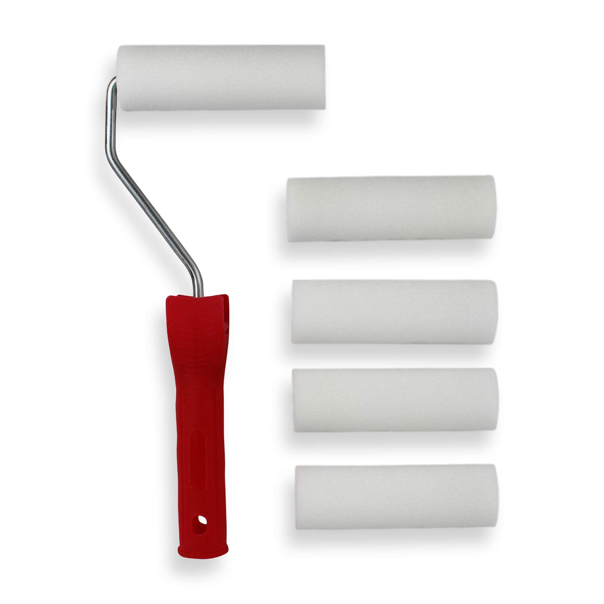 Rullo pittura piccola + 5 ricambi in schiuma da 11 cm + vassoio per vernice + pennello + nastro per carrozzeria.