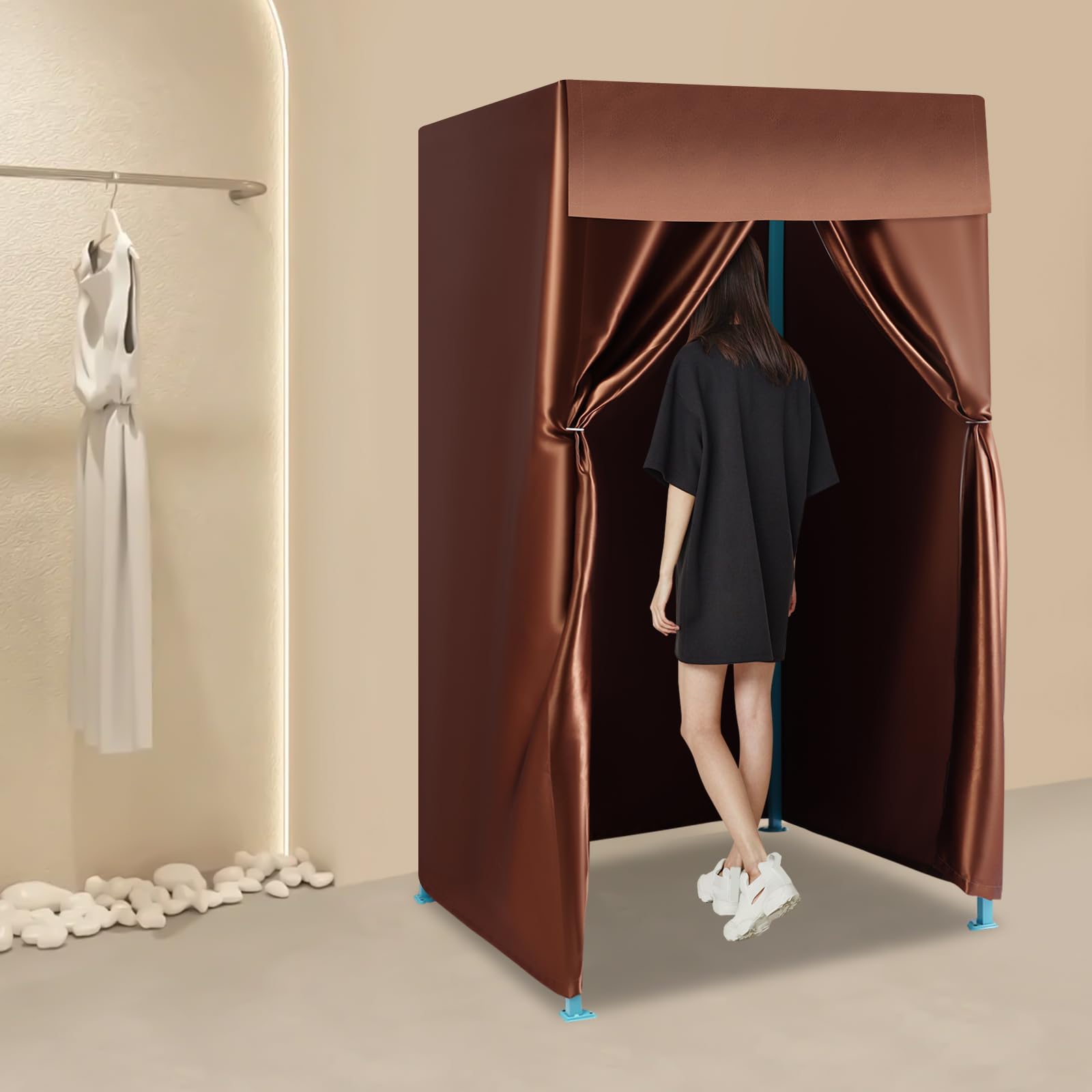 Portable Clothing Store Fitting Room with Shading Curtain and Hook Up, Mobile Changing Room Dressing Room, Foldable Temporary Locker Room for Clothing Shops, Shopping Malls (Silver Gray)