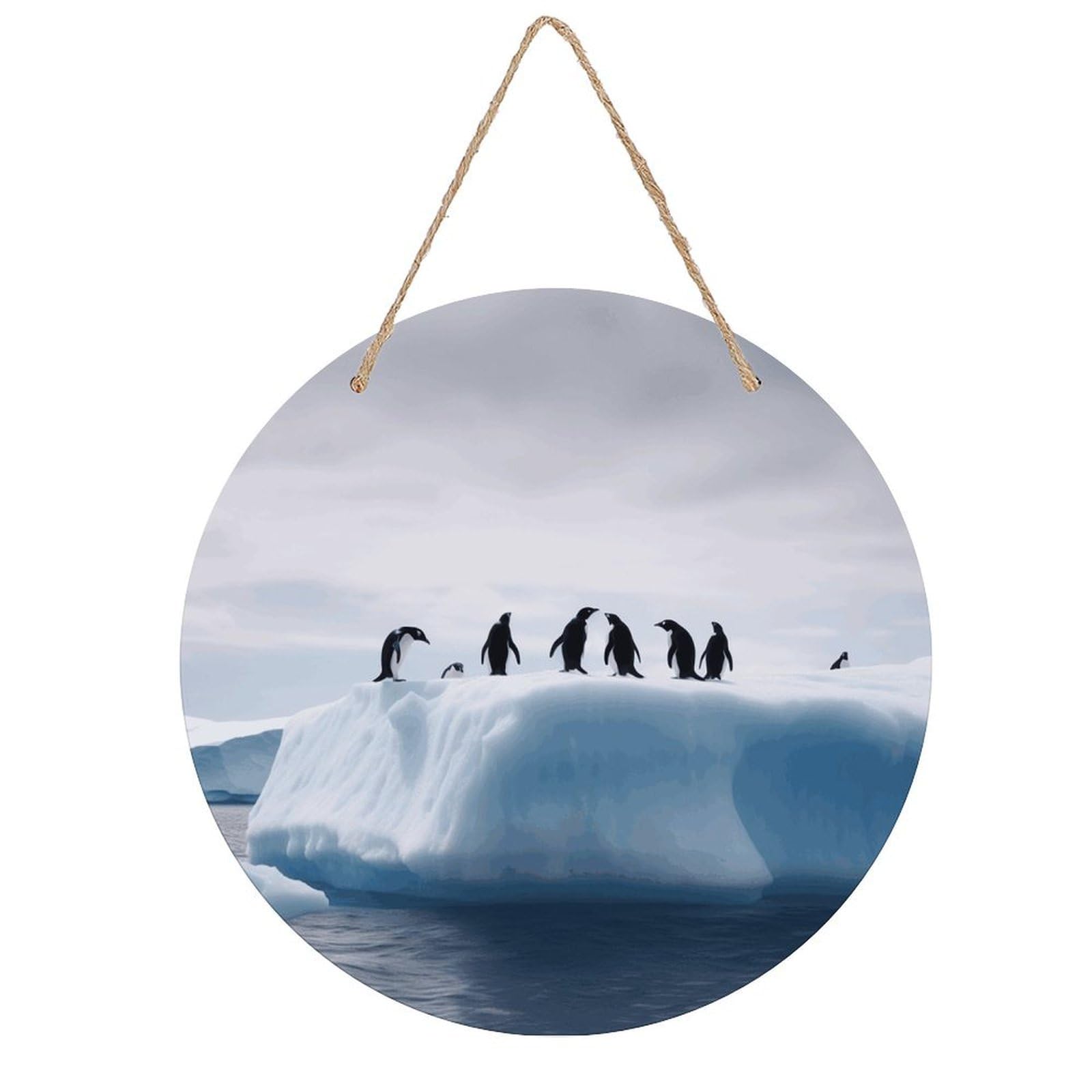 Penguins on The Iceberg Wall Art Decor Rustic Welcome Sign Round Wood Hanging Sign Decoration Wood Plaque Door Hanger Wooden Signs Wall Hanging Decor Housewarming Gift for Home Outdoor Indoor