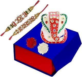 Purpledip Bhai Dooj Rakhi Gift Set: Small Ganesha Marble Statue, 2 Designer Rakshabandhan Bracelets, Roli Chawal Tika in A... Price In India
