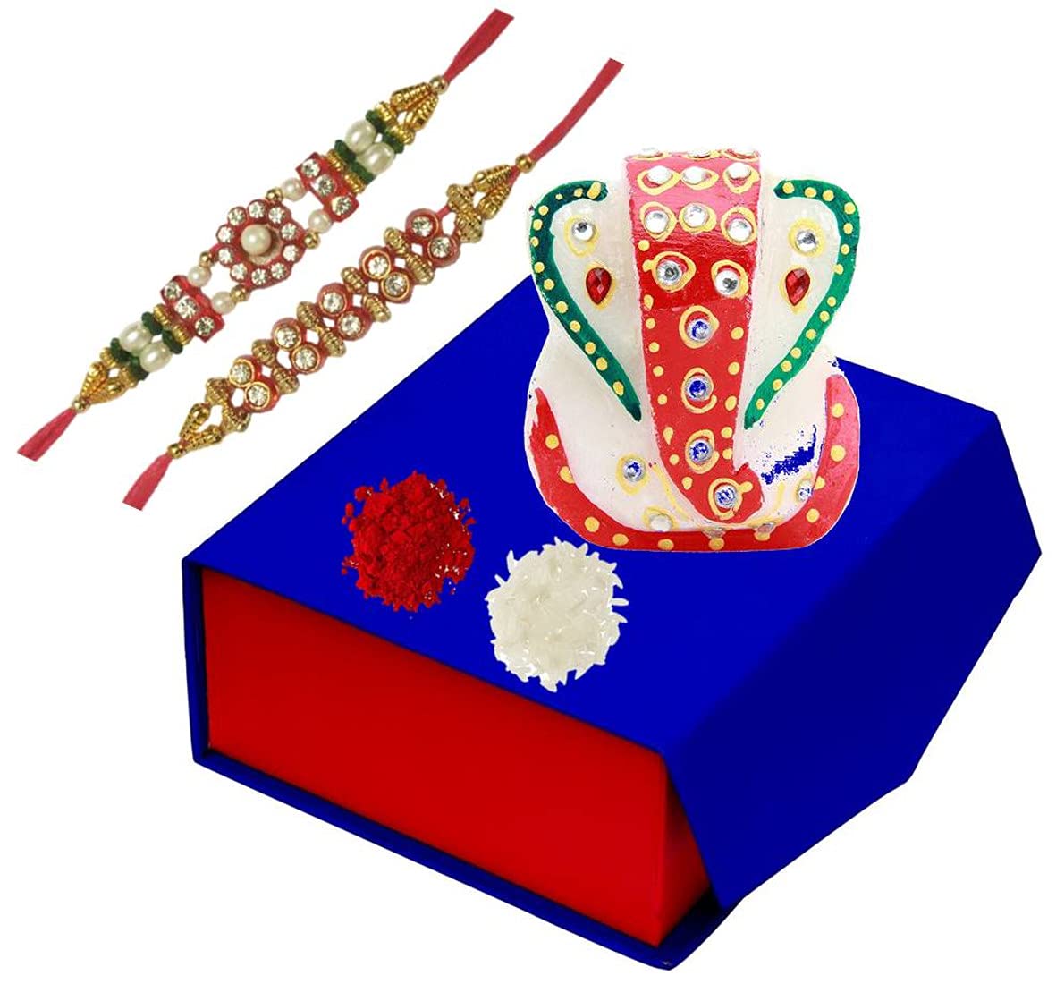Purpledip Bhai Dooj Rakhi Gift Set: Small Ganesha Marble Statue, 2 Designer Rakshabandhan Bracelets, Roli Chawal Tika in A...