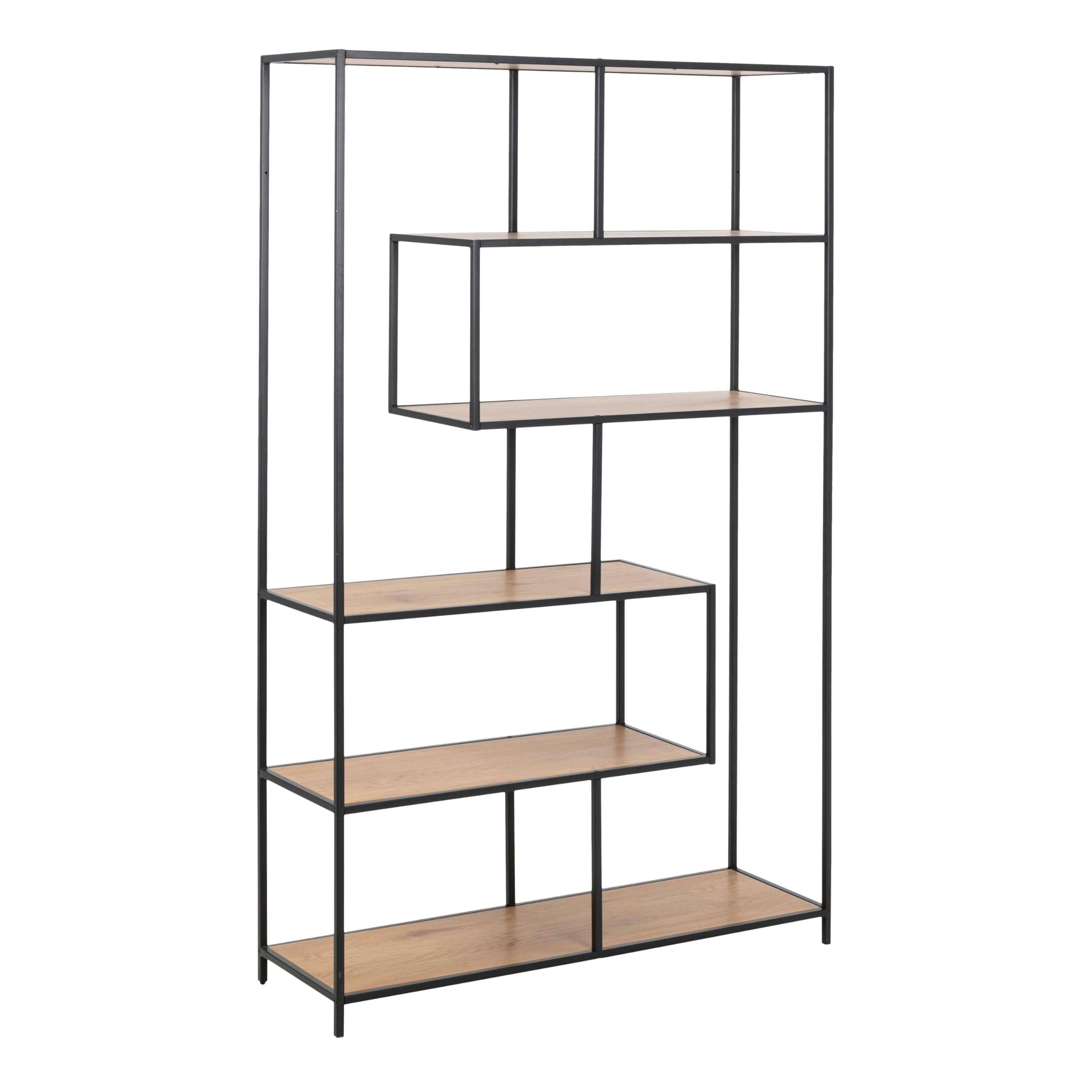 Furniture To Go | Seaford Black Metal Large Asymmetrical Bookcase with 5 Oak Shelves