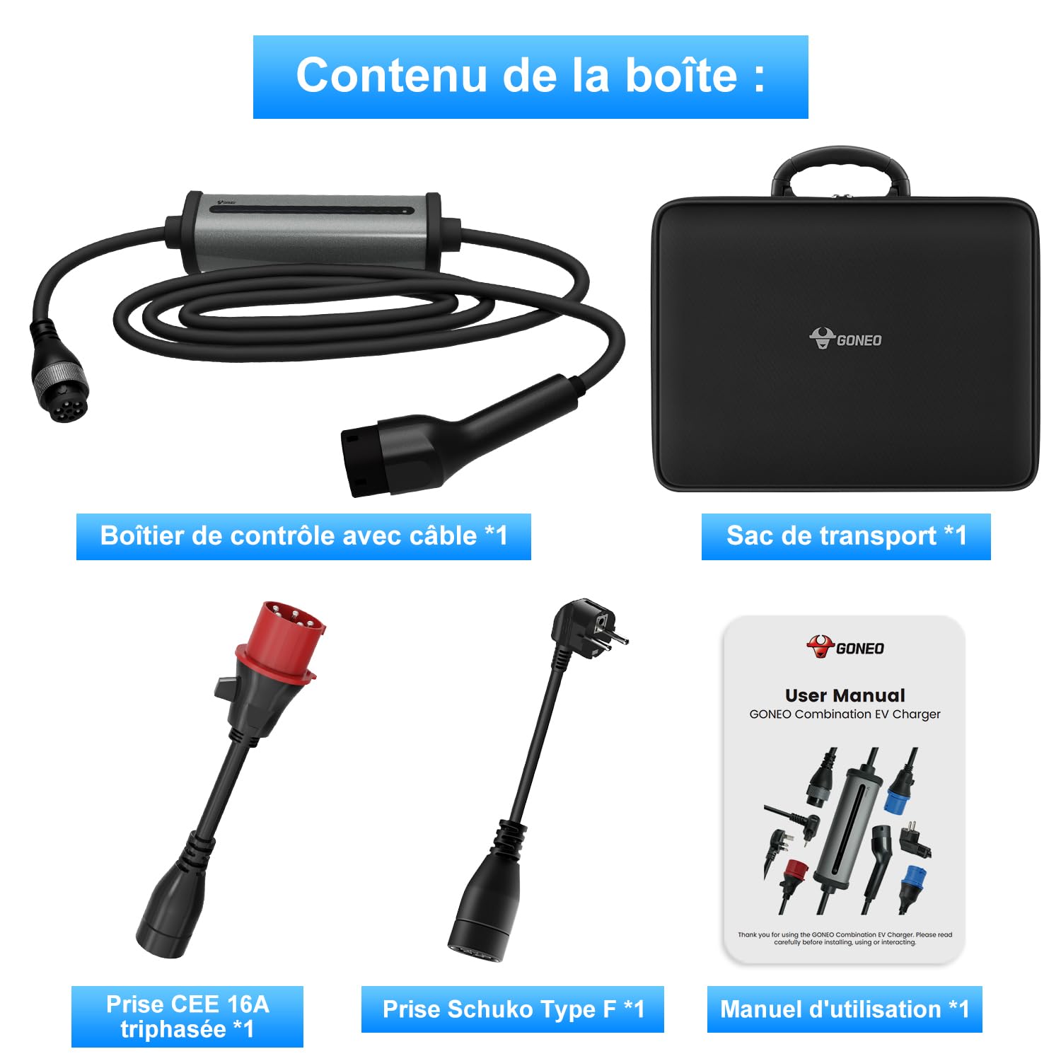 GONEO Station de Recharge pour Véhicule Électrique Wallbox 11kw [7m 8-16A Triphasé] avec Prise (Schuko + CEE）Courant Réglable 2-8H Minuterie IP66 IK10 Portable Borne de Recharge Mobile pour EV et PHEV