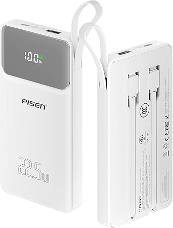 PISEN 3C Certified Power Bank - 10000mAh 22.5W CCC Power Bank with Built in Cable, Travel Battery Pack Portable 3C Charger with LED Display, Portable Charger with Built in Cable for iPhone, Samsung