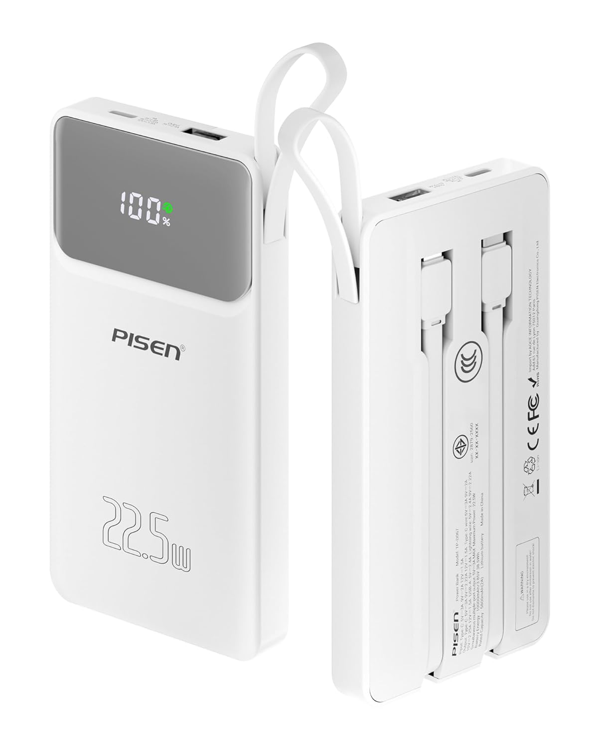 PISEN 3C Certified Power Bank - 10000mAh 22 5W CCC Power Bank with Built in Cable Travel Battery