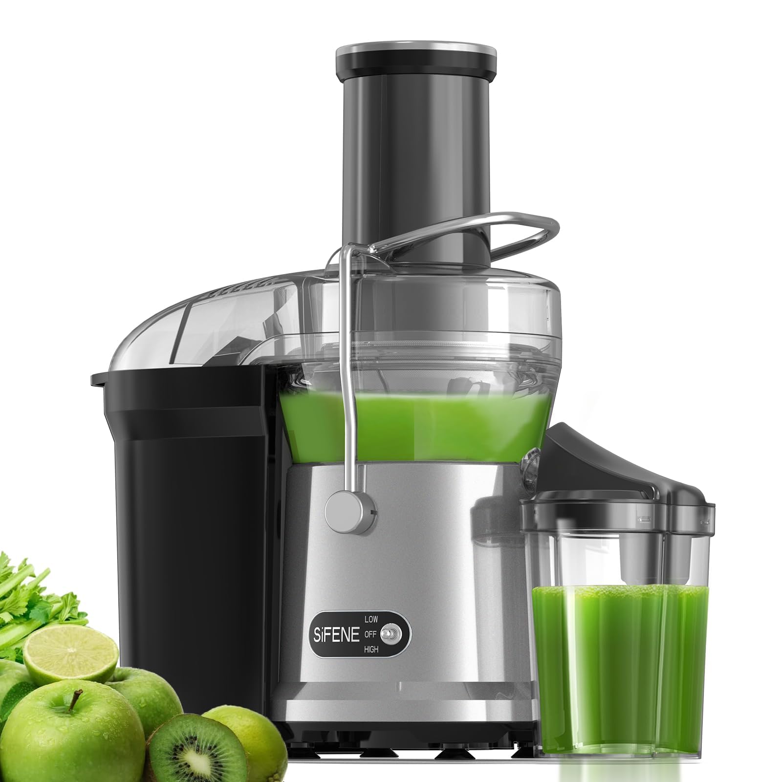 SiFENE Centrifugal Juicer Machine, Rapid 800W Juice Extractor, Large 3.2'' Feed Chute for Whole Fruit & Veg Juicing, Easy to Clean (Silver)