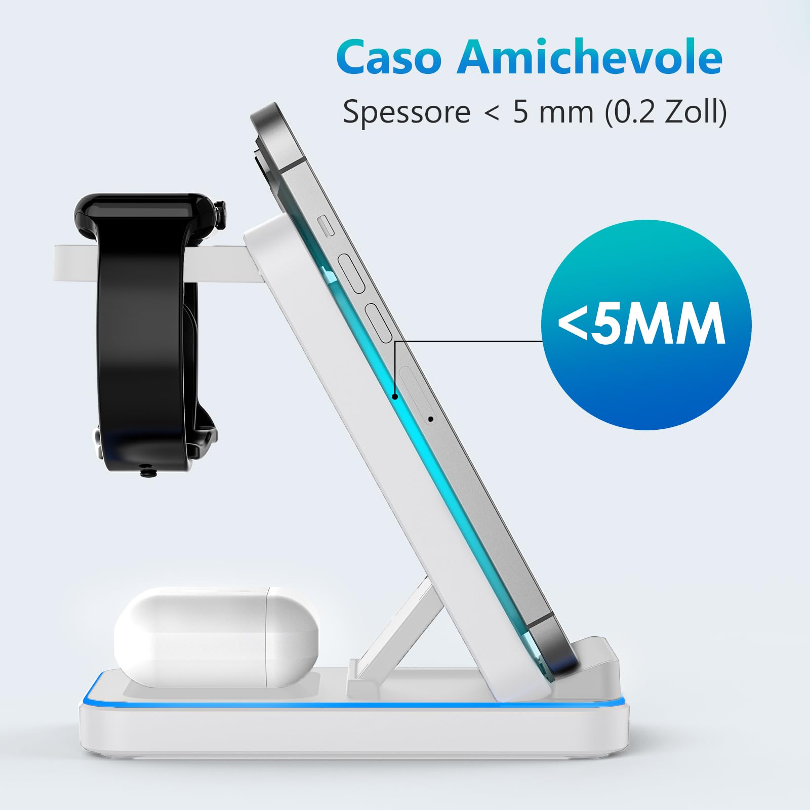 Stazione di Ricarica Wireless 3 in 1, Caricatore Pieghevole Wireless con Adattatore, Stand di Ricarica Multipla 15W Max per iPhone/Samsung/Apple Watch/Apple Earphones (Bianco)