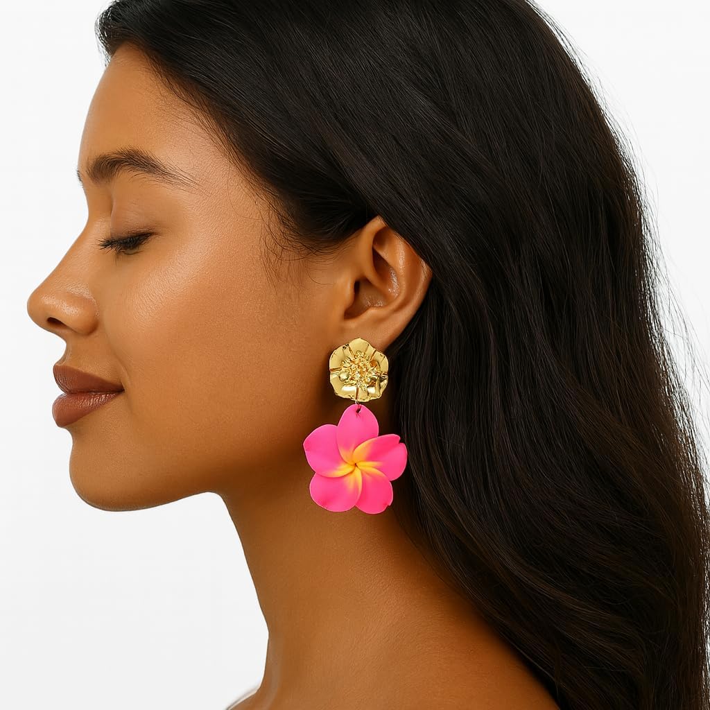 Pink Flower Earrings for Women,Gold Plated Floral Drop Dangle Earrings Statement Beach Party Vacation Hawaiian Style Jewelry Gift