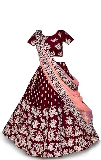New Fashion Adda Girls Ethnic Wear Embroidered Taffeta Satin Lehenga, Choli and Dupatta Set (Maroon, 9 to 14 Years, Free Size)