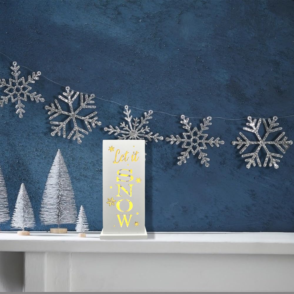 Christmas Decorations for Home LED Lighted Christmas Snowman Decor Hollow Out Farmhouse Wooden Table Sign Vintage Holiday Xmas Party Winter Tiered Tray Signs