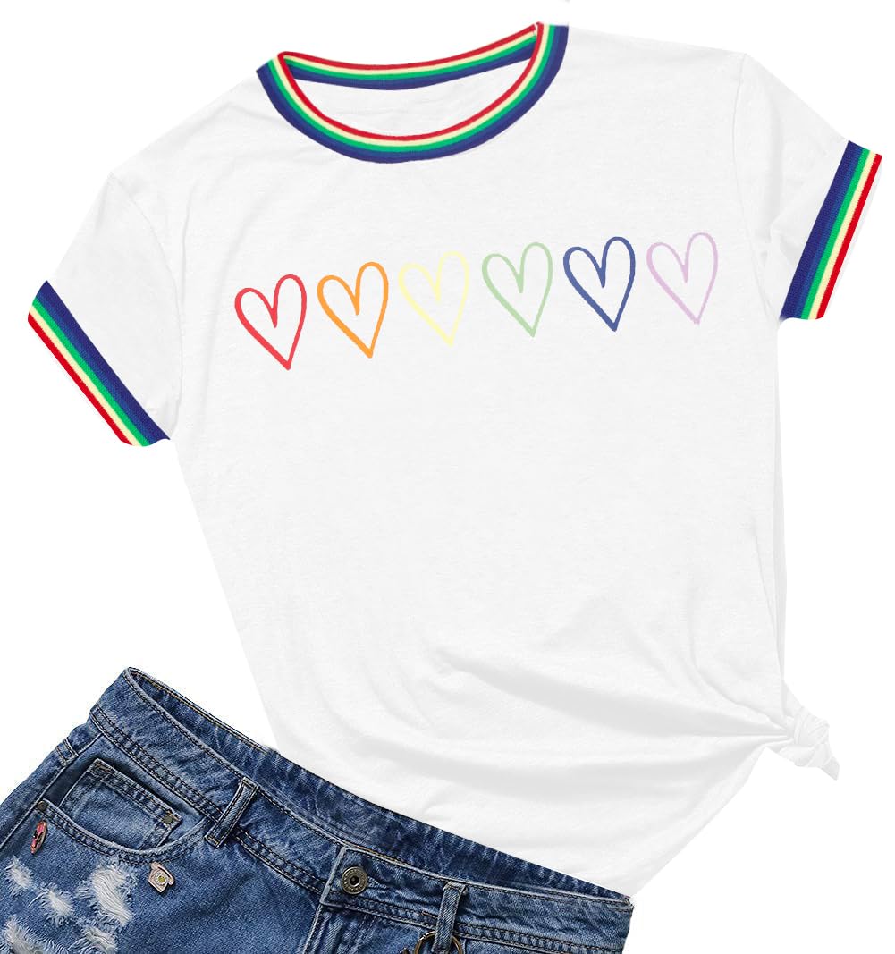 Pride Shirt Women LGBTQ Equality Shirts Rainbow Shirt Heart Graphic Tees Casual Summer Short Sleeve Tops