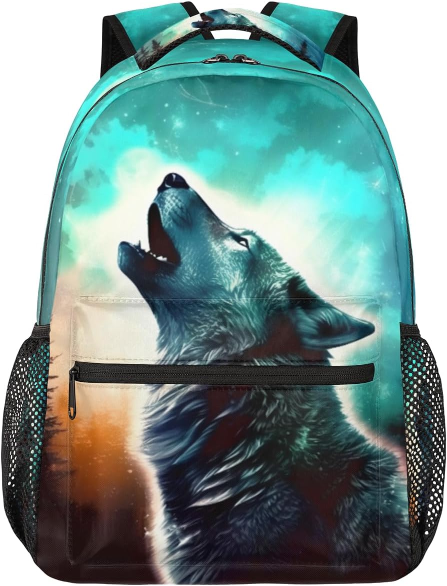 School Backpack for Teens Boys, Animal Wolf Starry Sky Print Middle School Students Bookbag 16in,Casual Sports Gym Travel Bag Schoolbag Hiking Camping Daypack