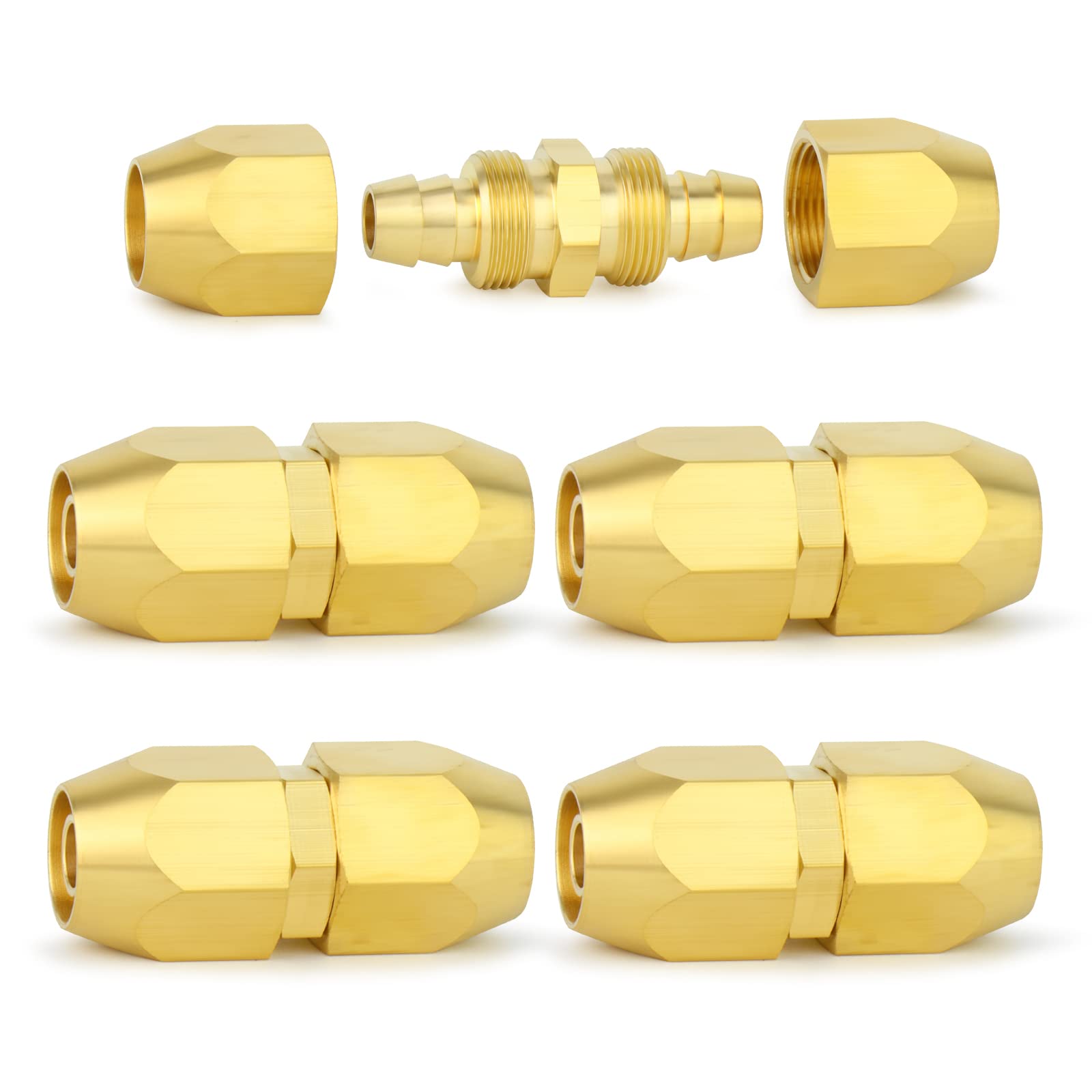 ChillWaves Brass Pneumatics Reusable Replacement Fitting，Reusable Hose Splicer 1/4" ID Polyurethane Hose x 1/4" ID Polyurethane Hose（1/4" Barb）Repair Fitting(5-PACK)