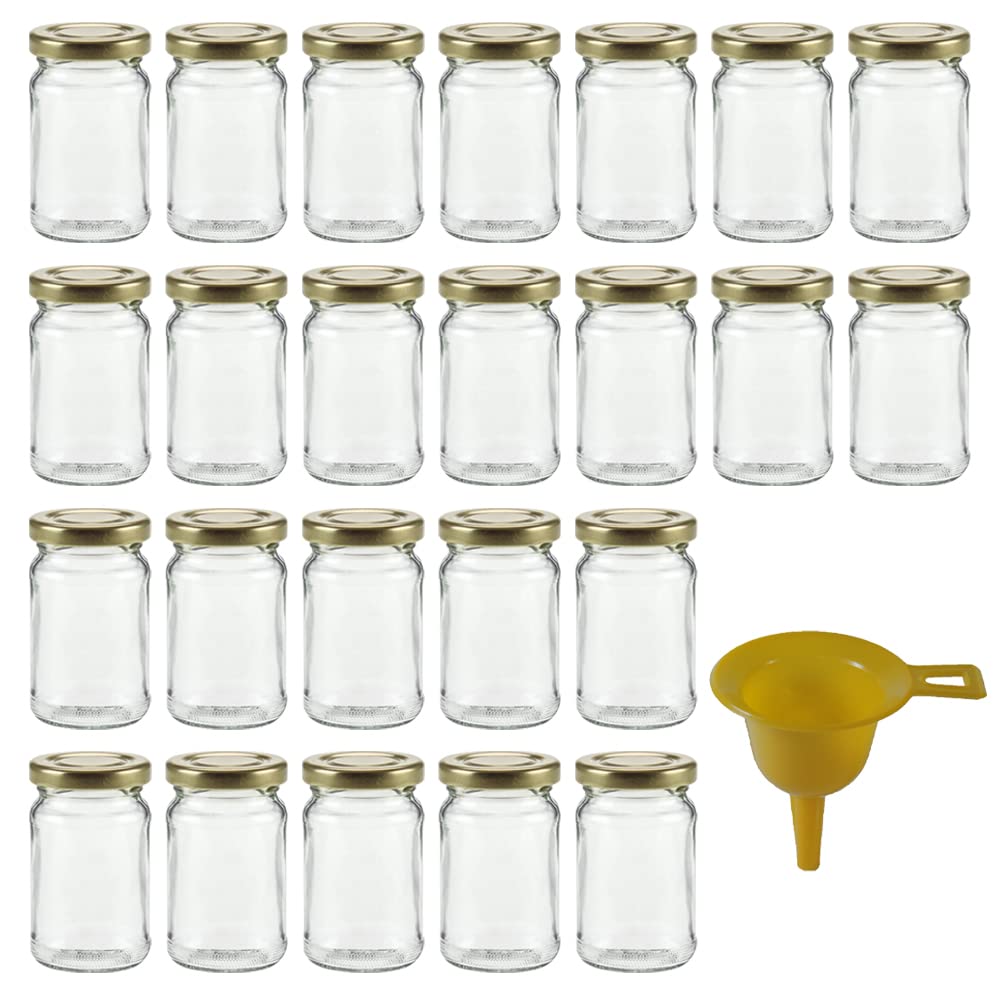 mikken 24 kleine runde Einmachgläser 107ml mit Deckel inkl. 1 Einfülltrichter Marmeladengläser Vorratsdosen Gewürzgläser