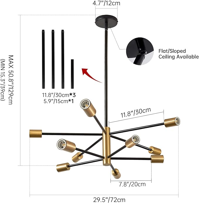 Modern Sputnik Chandeliers Light, 10-Light Gold Gold Dining Room Chandelier Over Table, Height Adjustable Industrial Semi Flush Mount Mid Century Chandelier for Kitchen Island Living Room