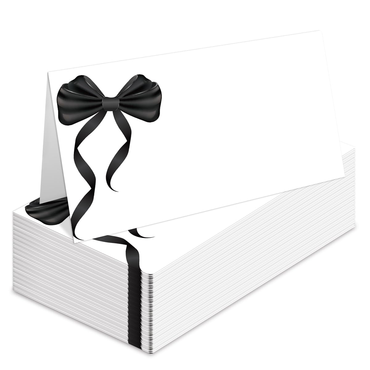 25 Pack Black Bow Table Place Cards for Wedding Birthday Party, Bow Filled-In Name Place Cards, Foldover Seating Table Cards (Folds into 3.5 * 2 Inches)-B03