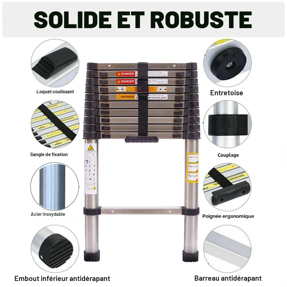 Échelle télescopique antidérapante en acier inoxydable de 3,2 m avec 11 échelons, capacité de charge de 150 kg