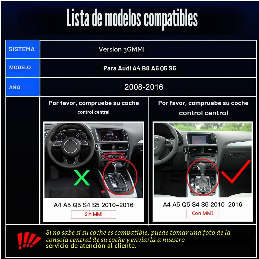 Modificación inalámbrica de coche CarPlay/Android Auto para Audi A4 2009-2015 AirPlay Mirror Link Soporte Multimedia Cámara de marcha atrás