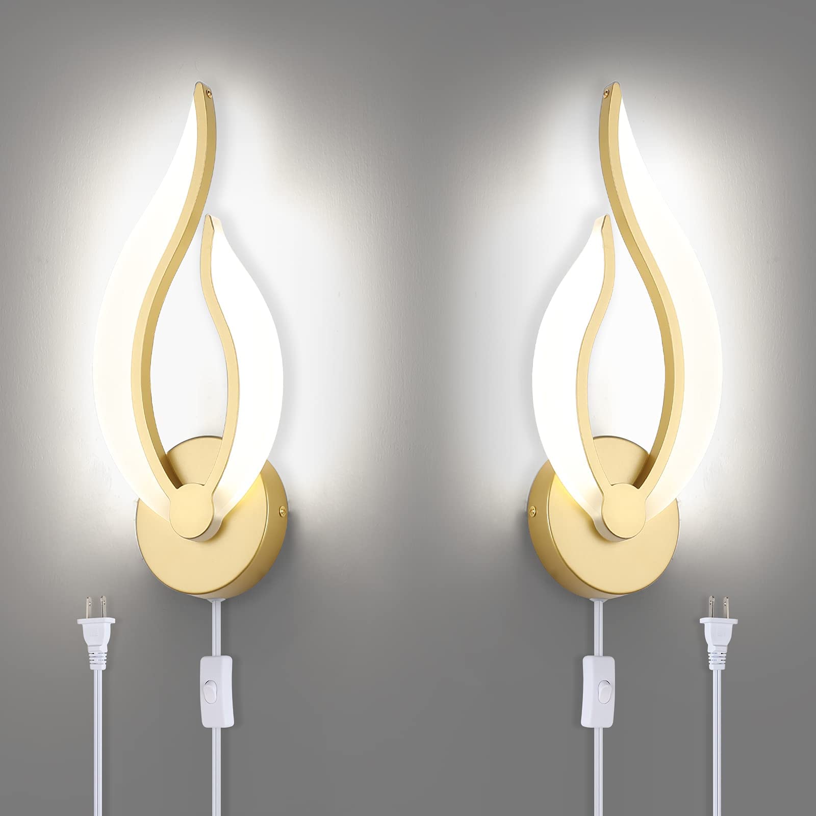 Applique Murale dorée Appliques murales Modernes LED Chambres Ensemble 2 Appliques murales enfichables 5500K 10Watt chacune Appliques murales LED