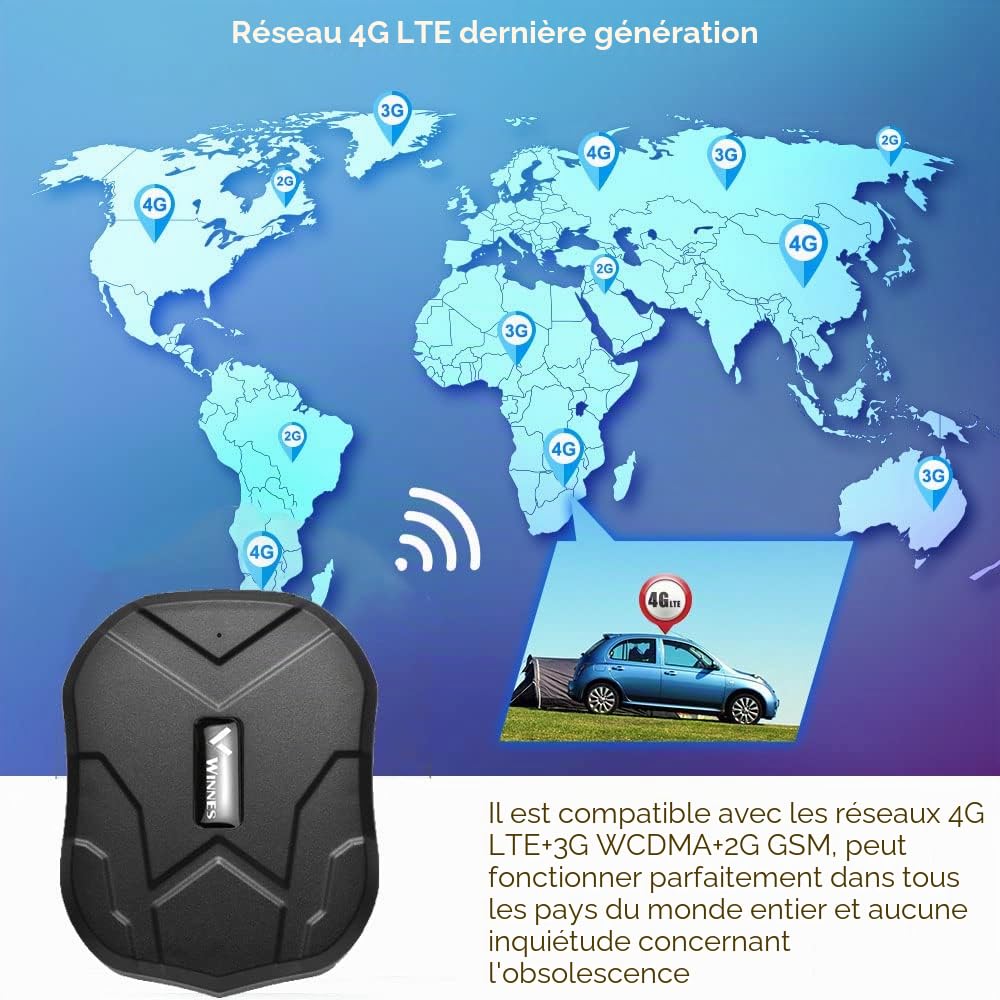 Winnes Traceur GPS Voiture 4G TK905B Magnétique Tracker GPS Localisateur Antivol avec Batterie Rechargeable 10000mah localiser en Temps réel Longue Autonomie