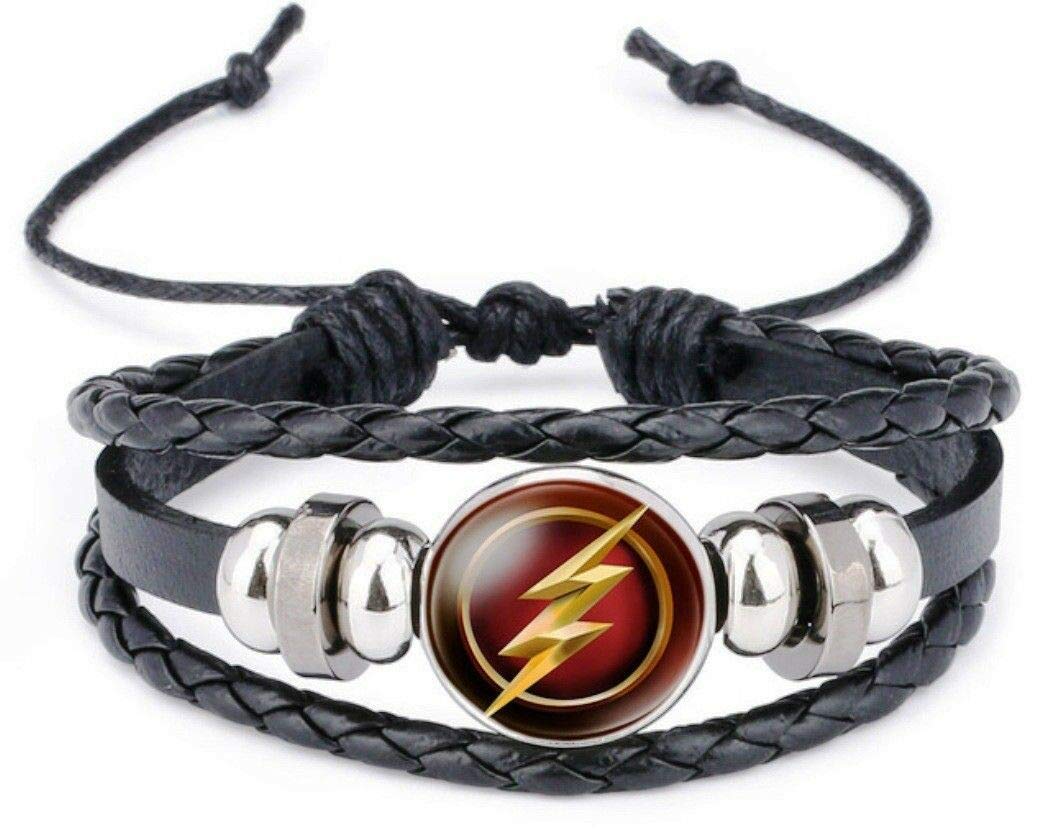EC Trading Lightning Bolt Super Hero Logo Glass Domed Braided Leather Bracelet