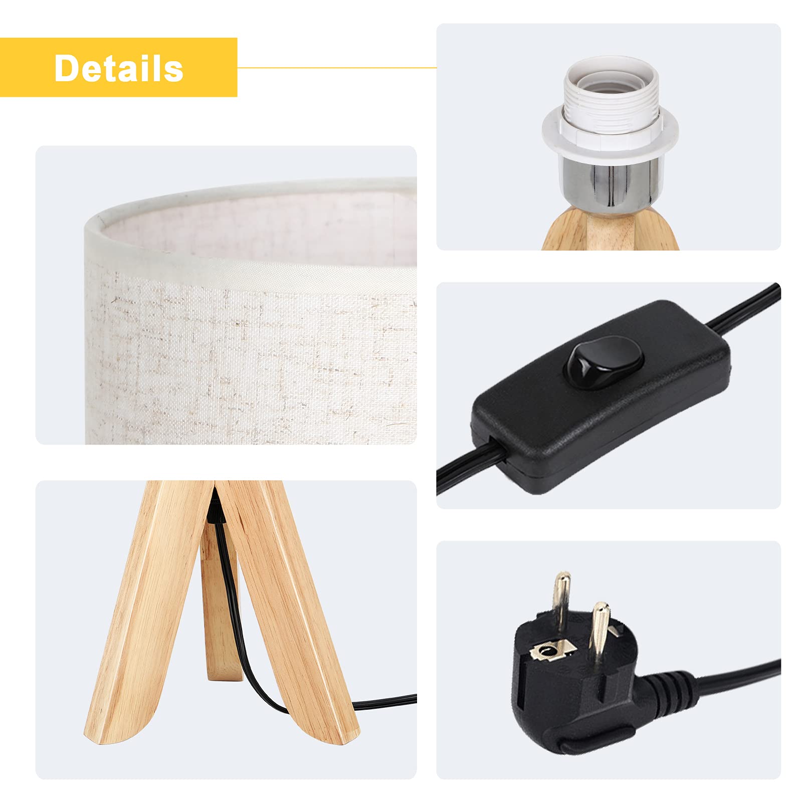 2er Set Tischlampe mit Holz-Stativ und Leinenschirm, Schaltbare Nachttischlampe mit Kabel-Schalter für Schlafzimmer, Wohnzimmer - Warmweißes Dekolicht (Ohne Birne)