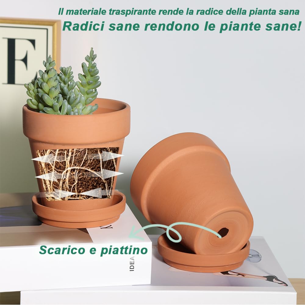 vensovo Vasi in terracotta da 4 pollici con piattino - Confezione da 6 vasi da fiori in argilla con drenaggio, ideali per piante, artigianato, bomboniere