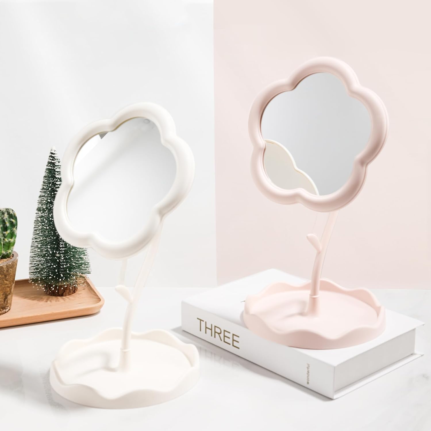 draval Pink Aesthetic Mirror with Storage | Flower Shaped Tabletop Vanity Mirror for Makeup, Skincare & Room Decor-image-29