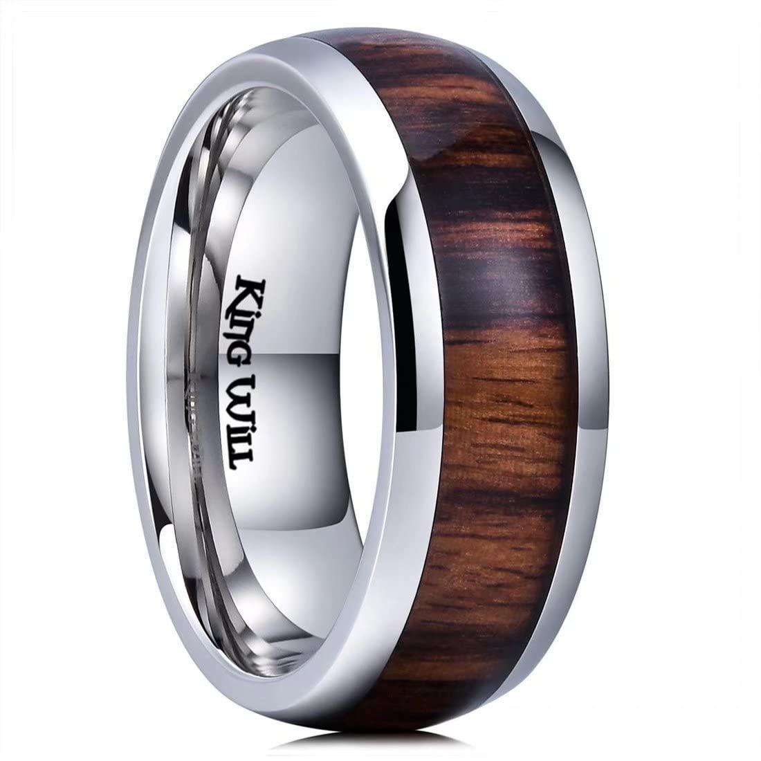 King WillNature 8mm Mens Real Wood Inlay Titanium Ring High Polished Dome Style6.5