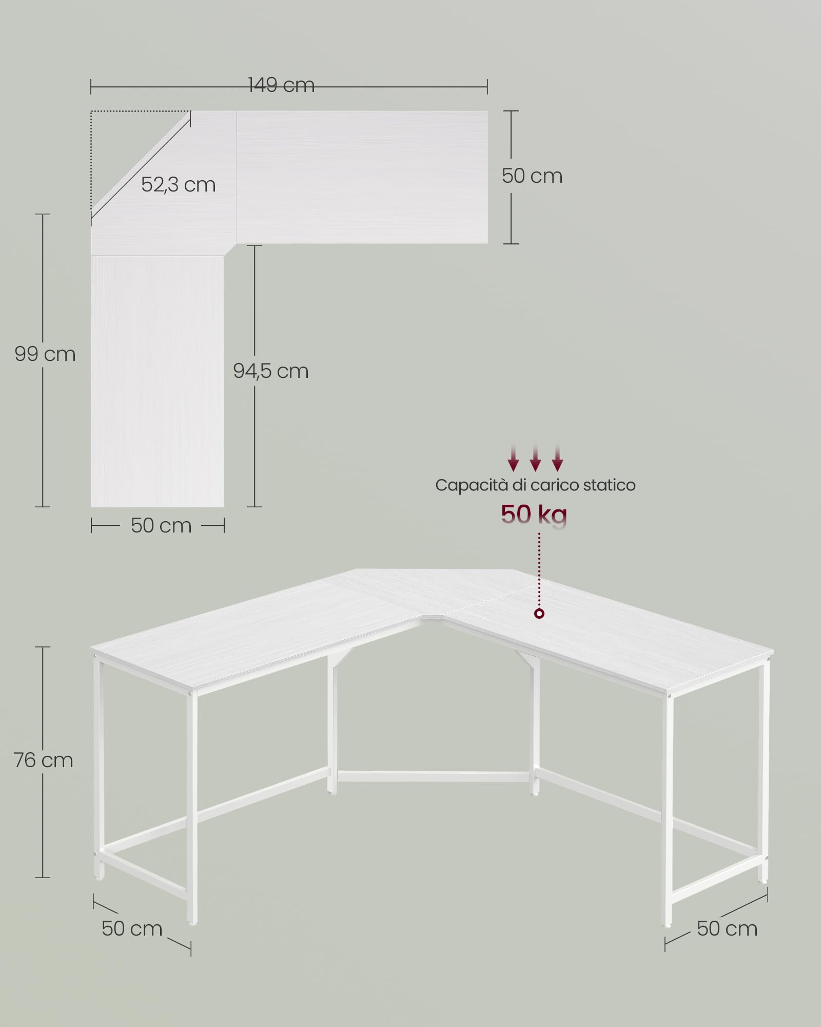 VASAGLE Scrivania Angolare, Scrivania per Computer a Forma di L, 149 x 149 x 76 cm, per Ufficio Studio Gaming, Bianco Acero LWD073W01