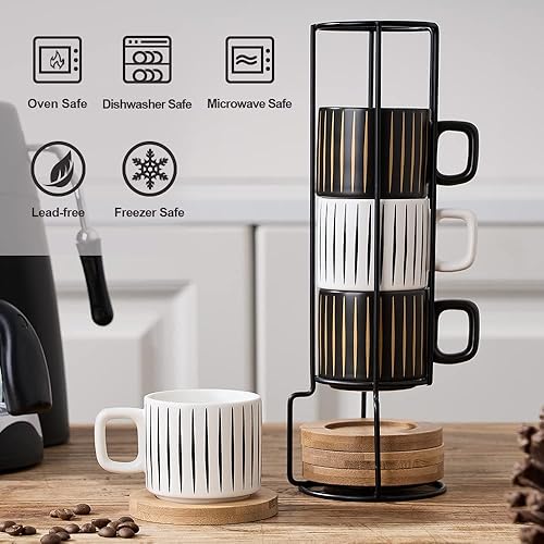 Miniatura 18 de LUKA Taza de café expreso de porcelana con platillo y soporte de metal, 4 onzas líquidas apilables de cerámica Demitasse Espresso tazas para café