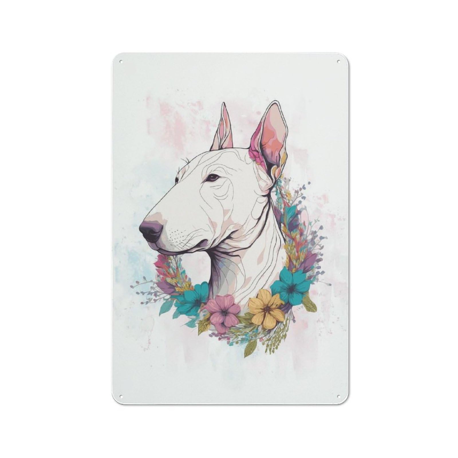 Floral Bull Terrier Art Farmhouse Metal Sign 30x20cm, Barn Style Rustic Kitchen Decor for Cottage, Kitchen, Hallway Or Breakfast Nook