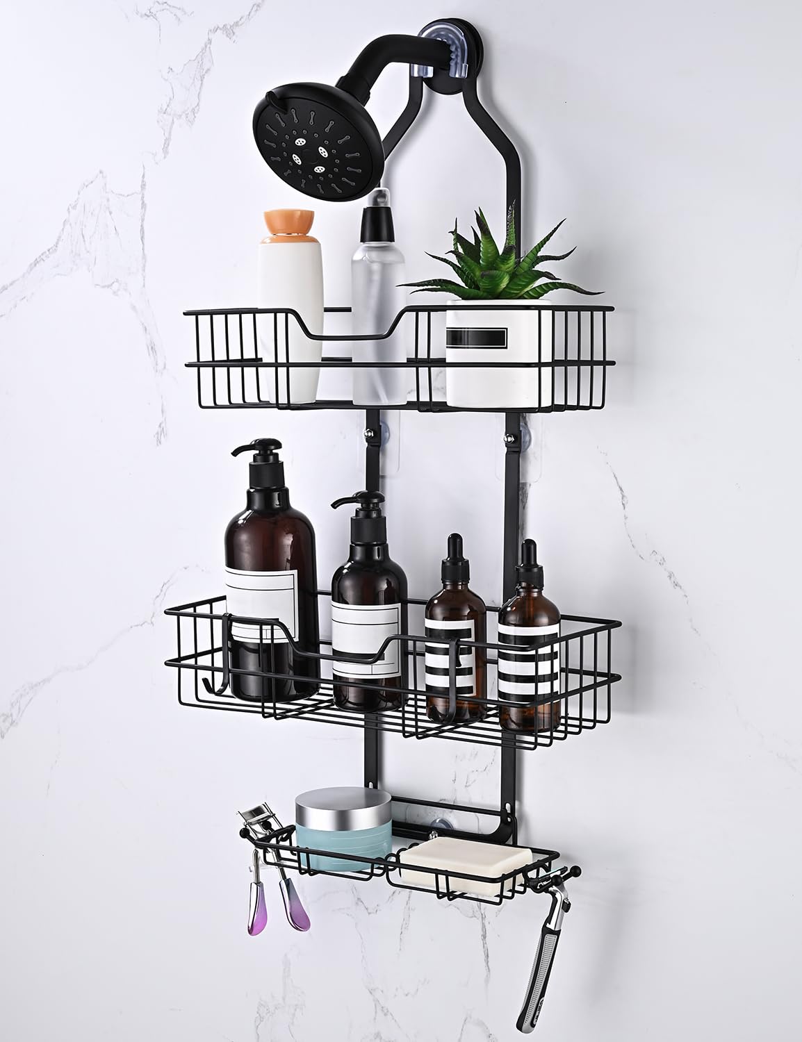 Hoomtaook Hanging Shower Organizer, Over Head Shower Caddy Hanging, Shower Storage Rack Basket with Hooks, Bathroom Organizer for Shampoo, Razor and Soap, Rustproof, Anti-Swing - Black