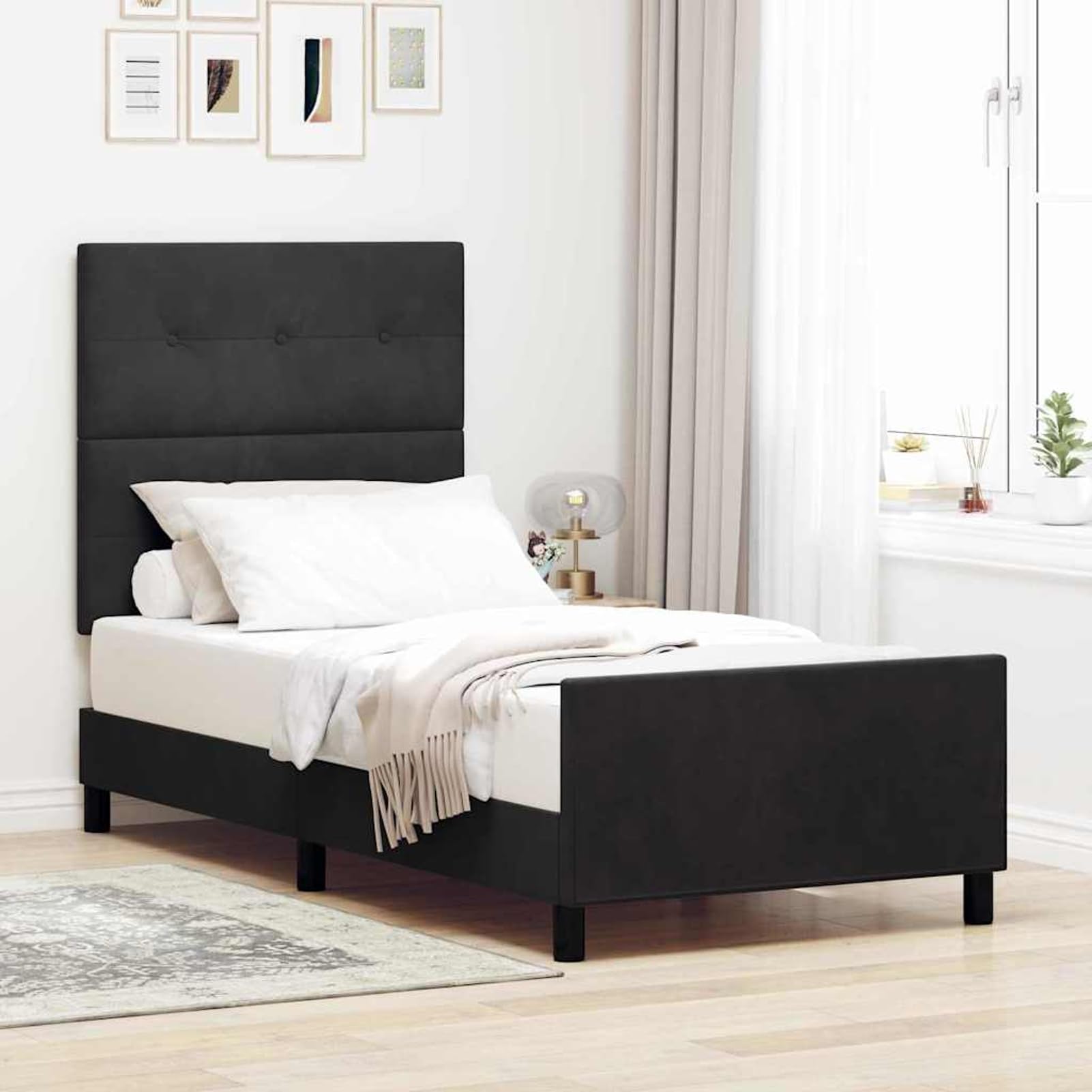 WGYHOME łóżko kontynentalne 100 x 200 cm z zagłówkiem z czarnego aksamitu, 2 opcje wysokości, stelaż ze stelażu z litego drewna sosnowego