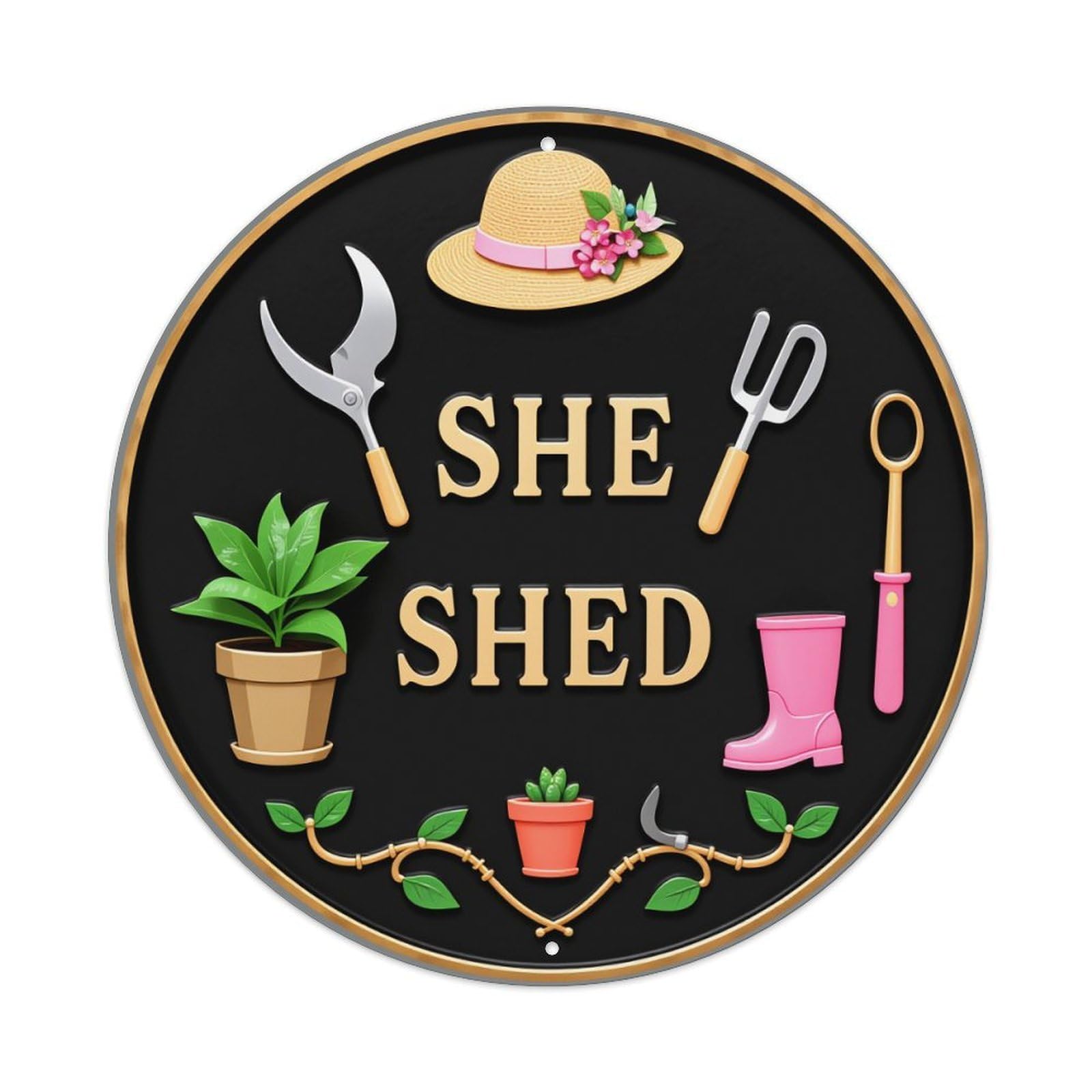 Gardening Tools And Plants Round Tin Sign Vintage Metal Poster, Home Bar Garage Man Cave Cafe Indoor & Outdoor Wall Decoration 8x8Inches