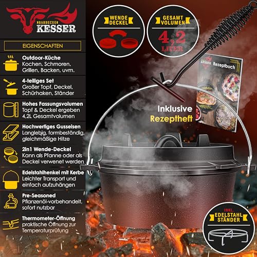 Foto von KESSER® Dutch Oven Set BBQ 4,2 Liter, Feuertopf Schmortopf mit Edelstahluntersetzer, Gusseisen Topf mit Deckelheber Henkel und Schlitz für Themormeter, kochkessel Grilltopf für Oudoor & Indoor