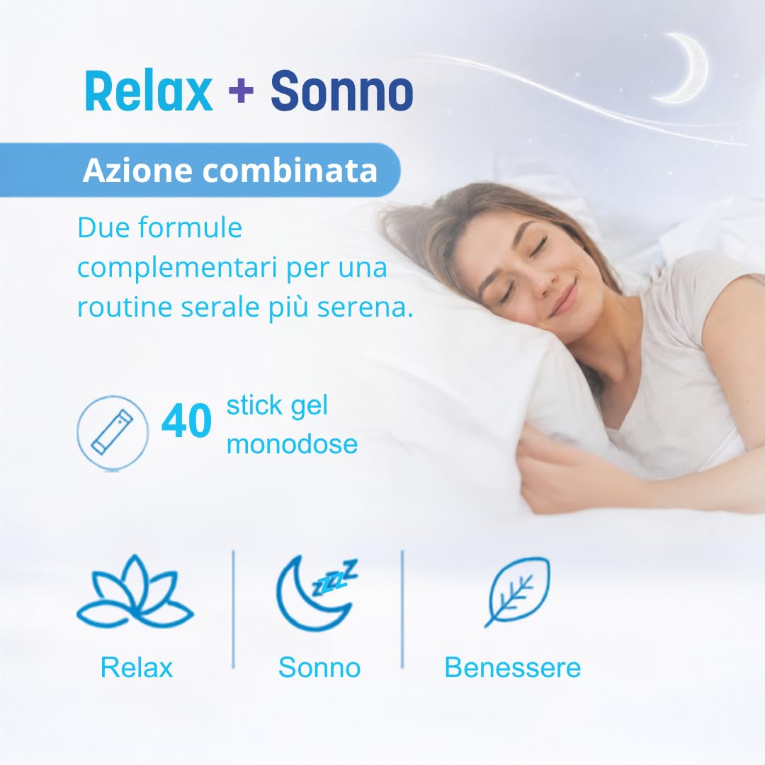 Relax + Sonno – Duo Benessere Psicofisico Giorno e Notte – con Magnesio, Rodiola, Vitamina B6, Melatonina, Griffonia e Camomilla – 40 Stick Gel Senza Acqua Made in Italy