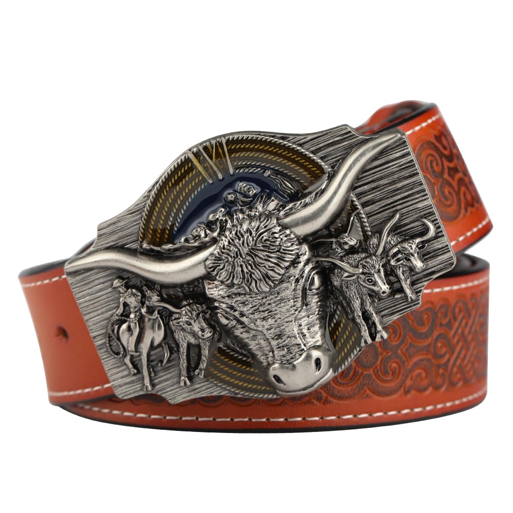 BDAYEK Men's Belt Men's Western Cowboy Belt Reddish Brown Floral Longhorn Engraved Cowhide(A Orange,115Cm/45.2In)