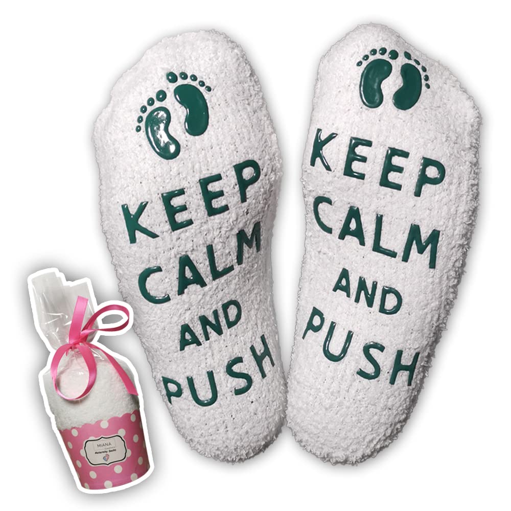 Miana CreationsMiana 'Keep Calm And Push' Funny Maternity Socks For The Mummy To Be - Great Pregnancy Baby Shower Present Idea, White, 4-10 (Miana-001)