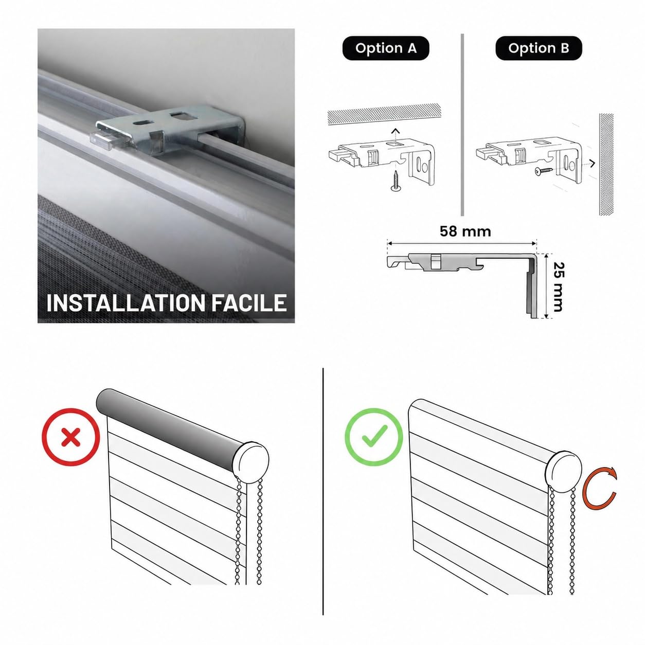 Store Jour Nuit Enrouleur pour fenêtres Tissu Double 120x250 cm Lin | Installation facile mur/plafond Largeur tissu 117,5 cm Stores enrouleurs intérieurs Qualité Premium Maison StoresDeco