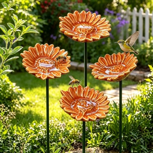 Ceramic Bee Watering Station for Garden, Handmade Colorful Flower Bee Bath, Mini Pollinator Water Feeder for Bees, Butterflies & Hummingbirds, Decorative Outdoor Garden Decor for Patio (#J*4pcs)